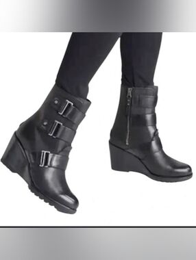 Sorel After Hours Leather Wedge Bootie With Buckles 8.5